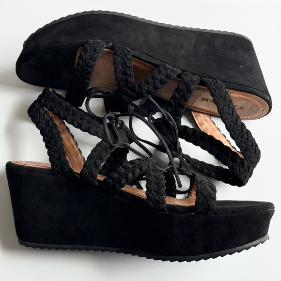 Trask Black Suede Platform Braided Wedge Lace-Up Sandals Size 11 - Picture 6 of 11